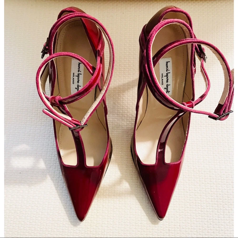 New! HENRI LEPORE DEZERT Carmela Burgundy Patent Crossback Heels  Shoes - Picture 8 of 12